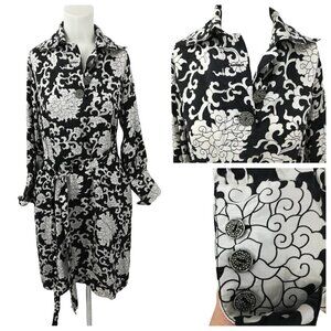 Liz Logie New York Silk Paisley Shirt Dress Size 6 Tie Waist Black White Classic